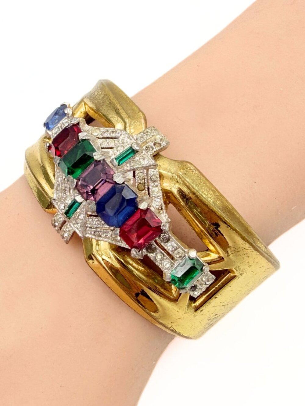 McClelland Barclay Art Deco Gold Plate Multicolor Rhinestone Hinged Bracelet